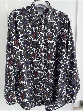 Thomas Dean White Background Paisley Print Long-Sleeve Shirt Size Large